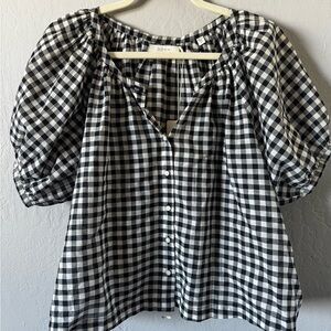 Doen June Top, Black & White Gingham Puff-Sleeve Button Front Top NWT
